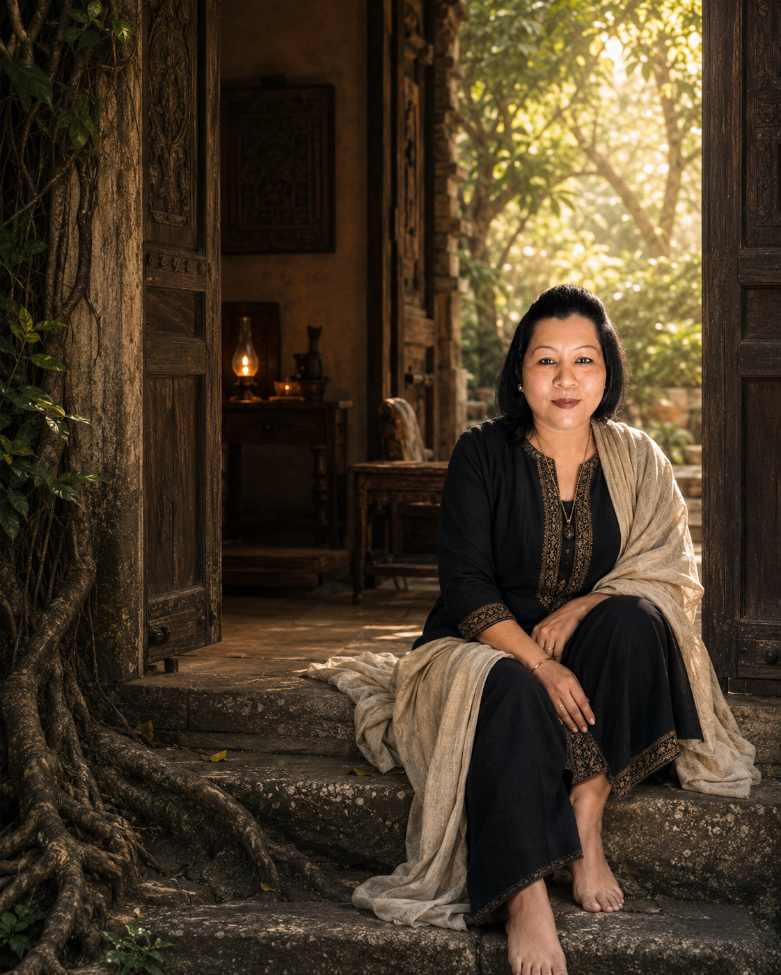 Shilpi Gupta sitting at the threshold in natural warm light