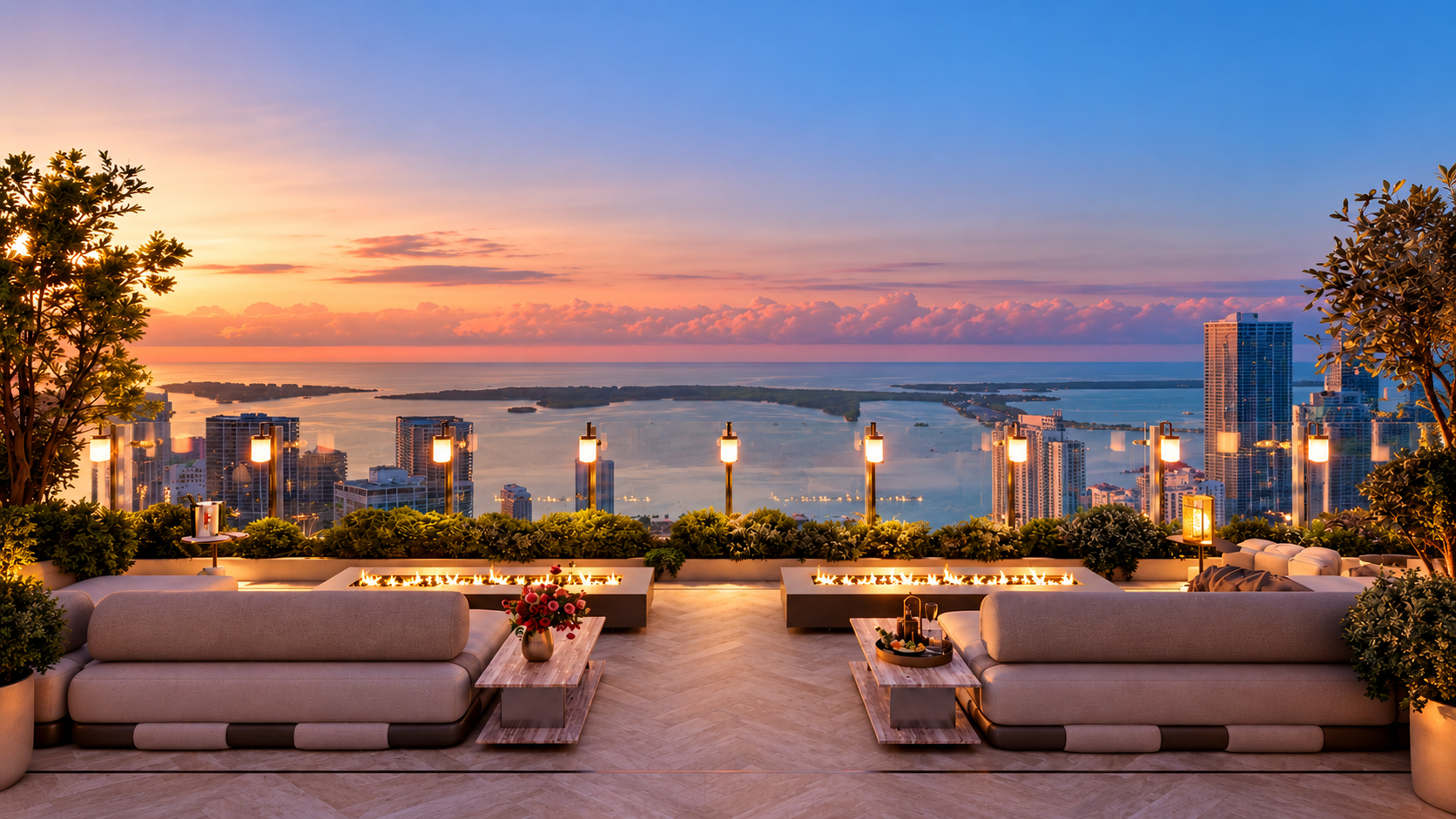 The Penthouse Collection at Faena Residences Miami — two-level penthouse terrace overlooking the Miami River at dusk