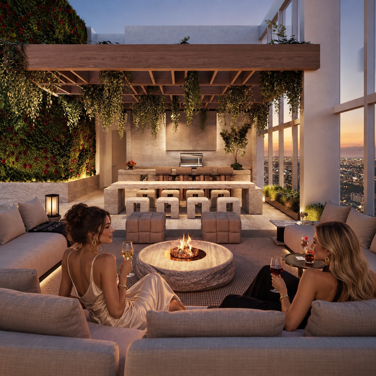 Faena Rose sky destination — rooftop lounge, fire pit and evening skyline dining