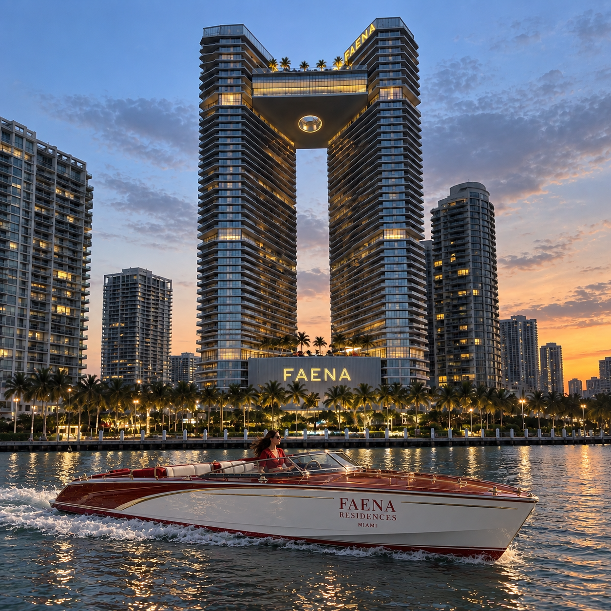Faena Residences Miami riverfront towers and custom mahogany tender arriving at private dock at sunset