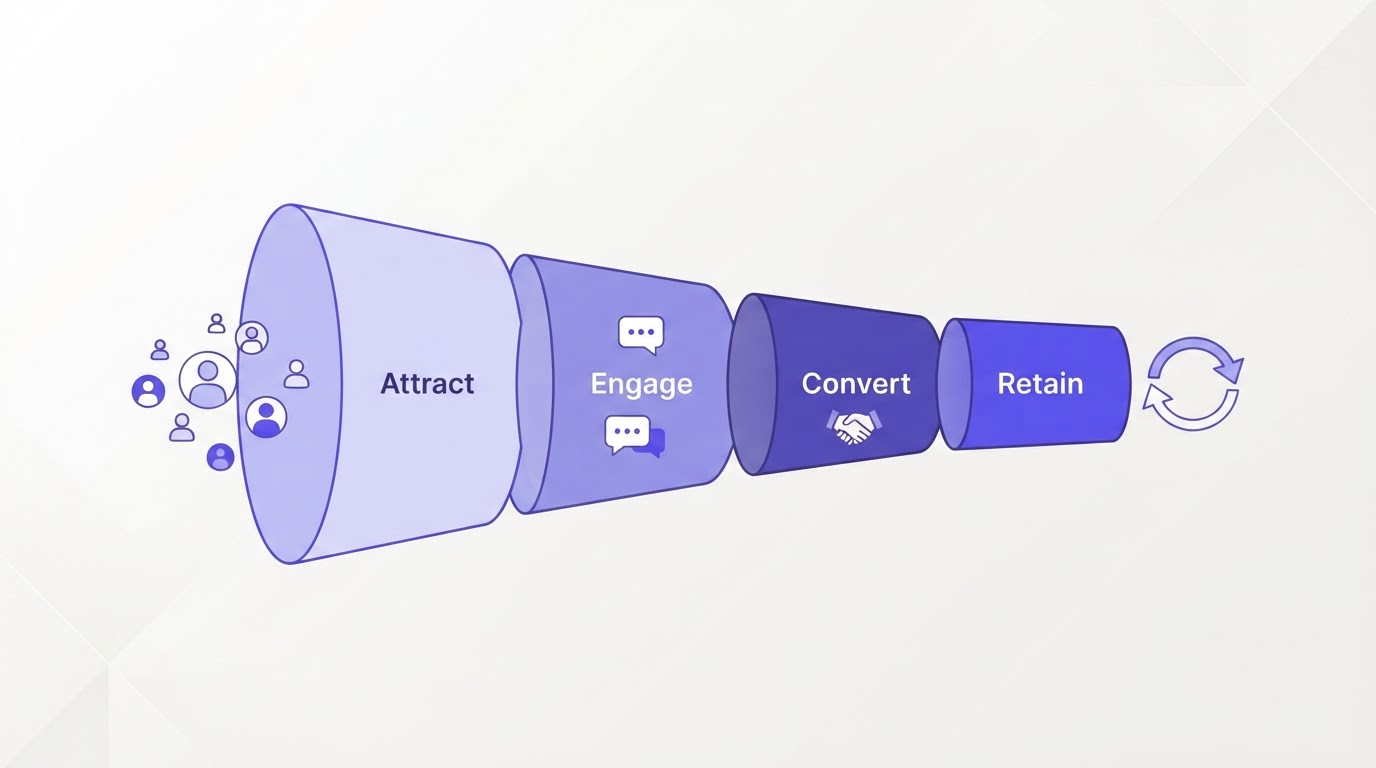 Sales funnel automation across attract, engage, convert and retain