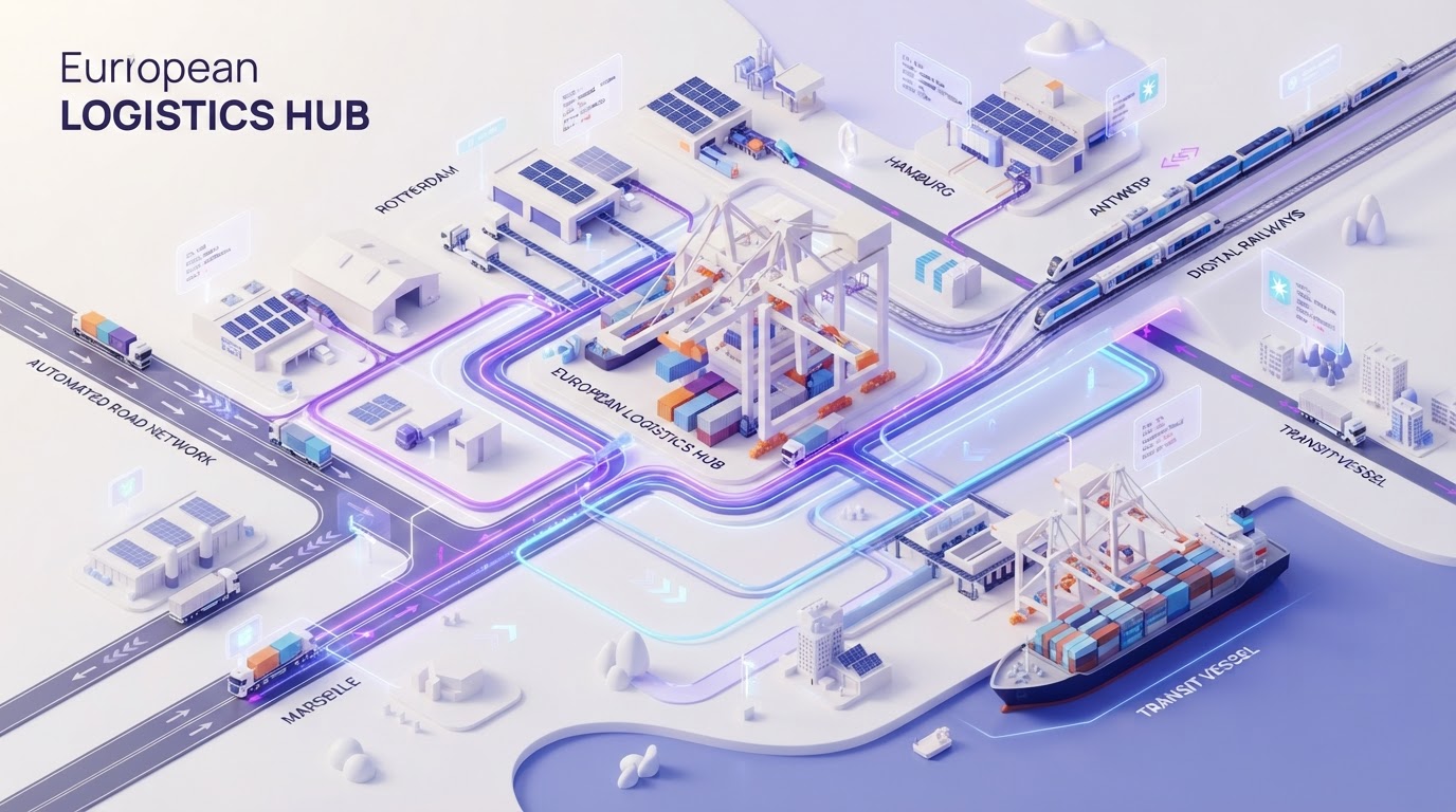 European transport automation and supply chain logistics visual: multimodal freight, automated terminals and intelligent route management