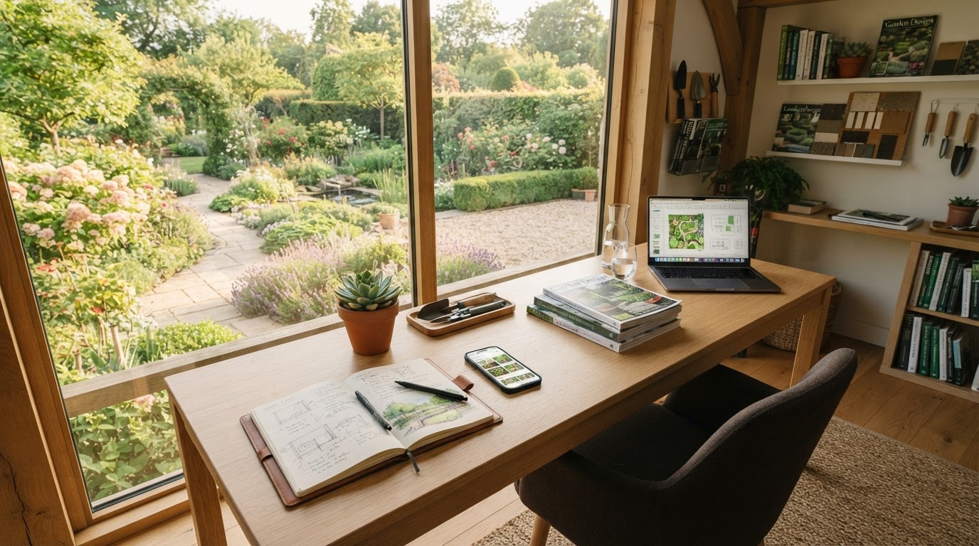 Landscaper's desk overlooking a manicured garden