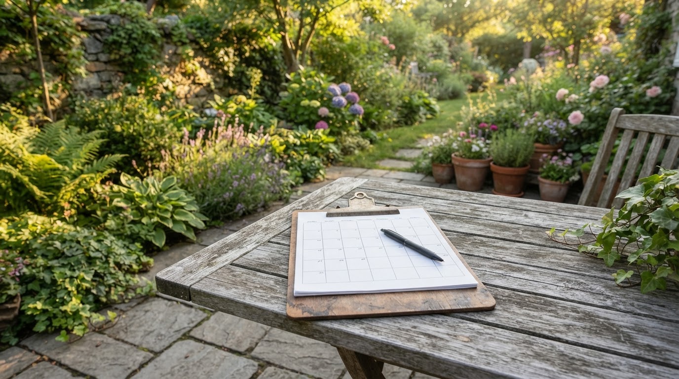 Landscaper's planning clipboard with calendar on garden table