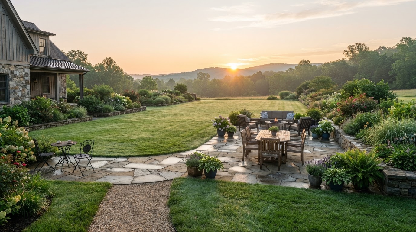 Freshly manicured Pennsylvania lawn with flagstone patio at sunrise
