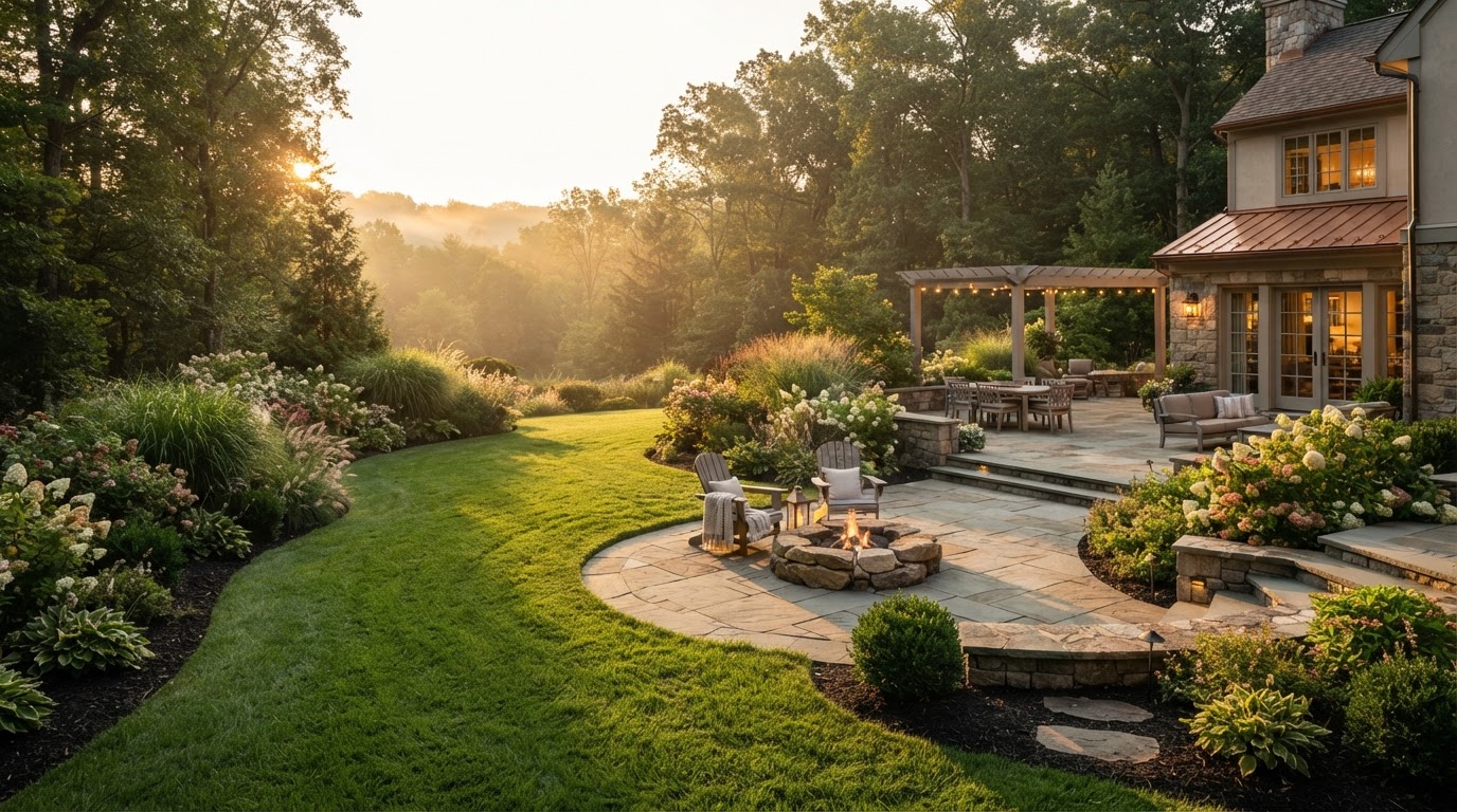 Ski Solutions landscaping company — completed Pennsylvania backyard landscape with stone patio, lawn, and garden at golden hour