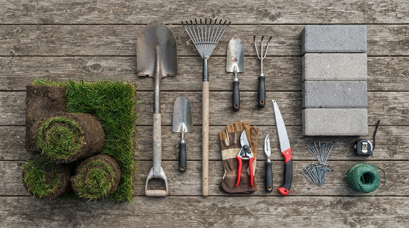 Professional landscaping tools and paver stones flatlay