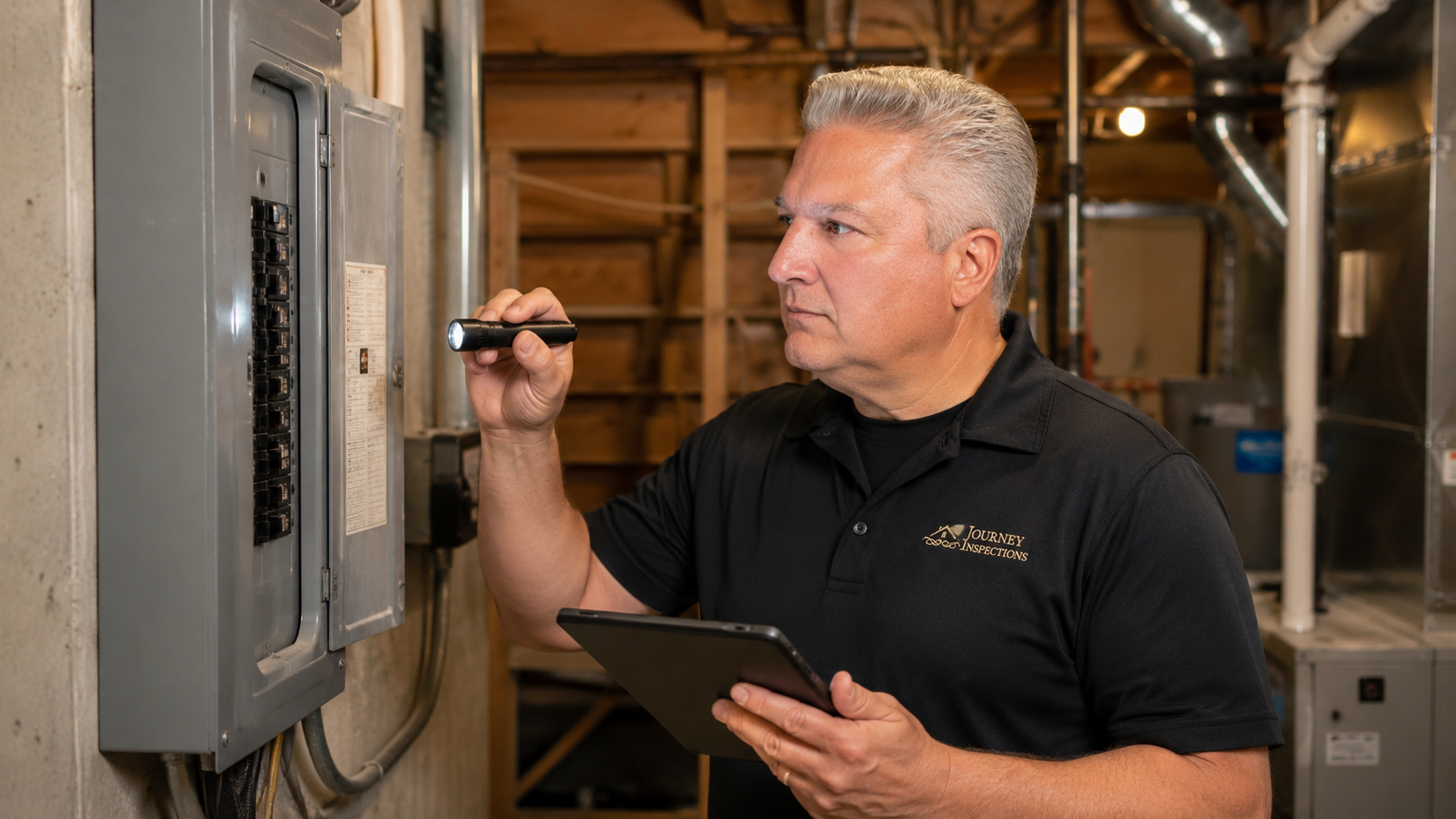 Journey inspector inspecting an electrical panel during a home inspection