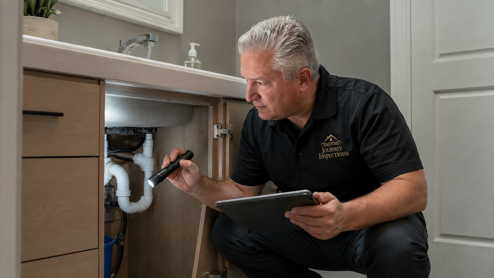 Journey inspector checking plumbing drain lines