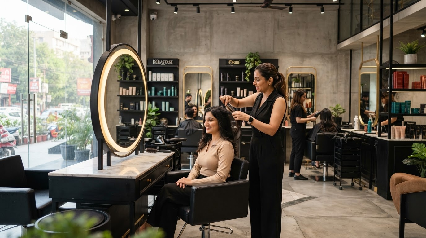 Professional stylist working on a customer's hair at NS Hair Studio, a premium unisex salon in Sector 7 Dwarka