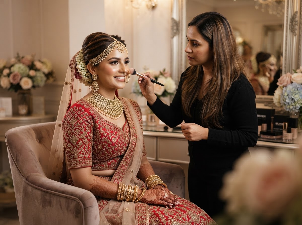 Indian bride with professional bridal makeup by NS Hair Studio Dwarka