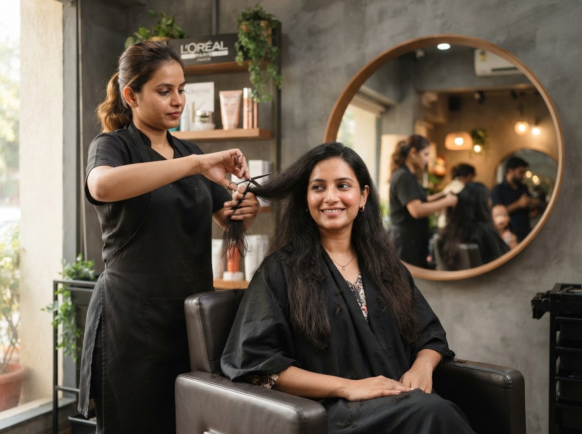 Indian woman receiving a professional haircut at NS Hair Studio Dwarka