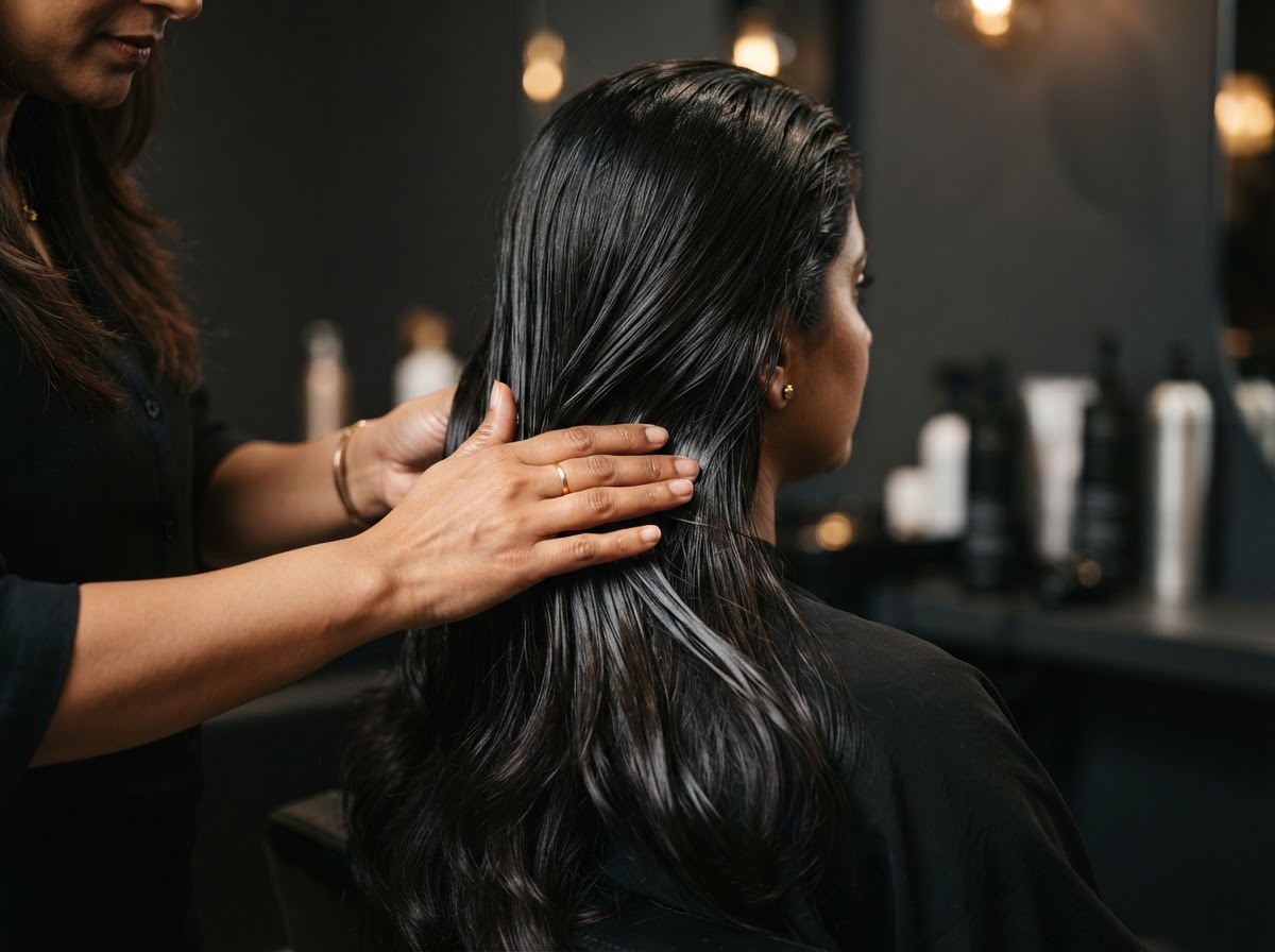 Indian stylist applying an advanced hair treatment at NS Hair Studio Dwarka