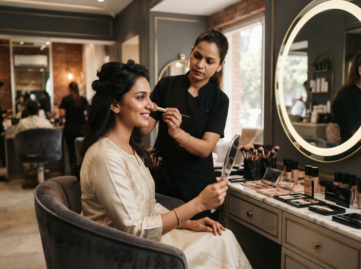 Indian makeup artist applying makeup at NS Hair Studio Dwarka