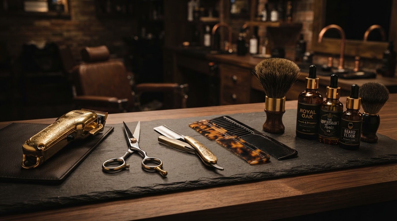 Herramientas profesionales de barbería: máquinas doradas, tijeras de precisión y navajas en High Quality Barbershop