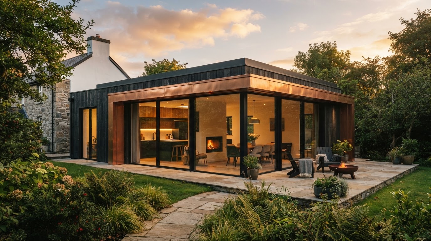 Contemporary house extension with large glazing at golden hour