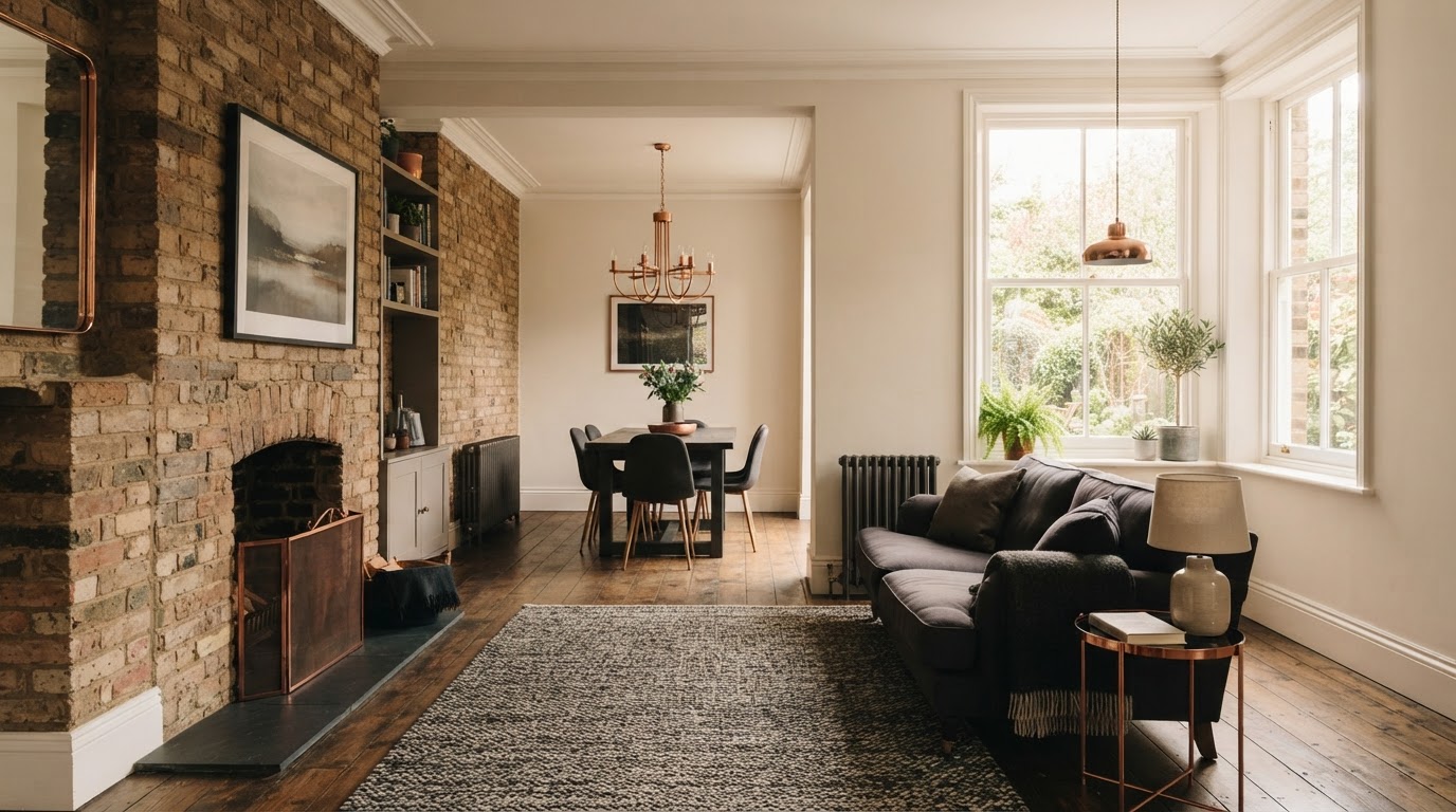 Renovated period home interior with warm daylight