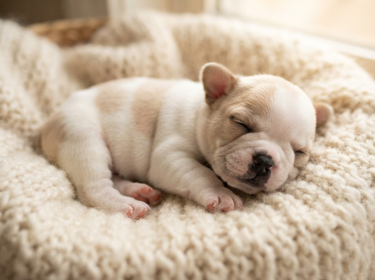 One-week-old fluffy pied pup showcasing thick bone structure and short legs