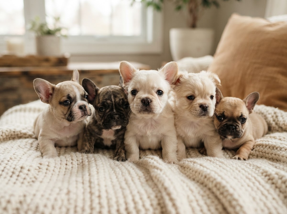 A group of healthy, high-structure French Bulldog puppies in fluffy and pied coat variations
