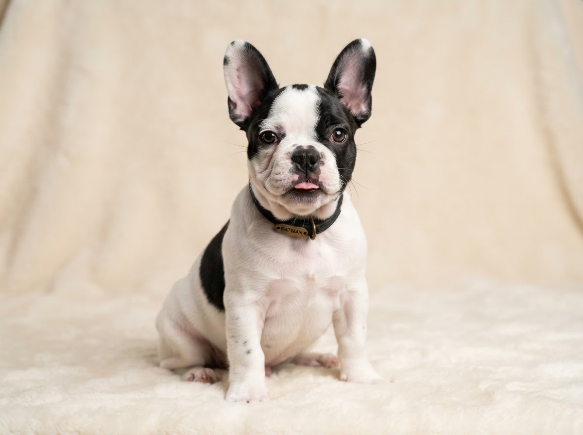 A beautiful black and white pied French Bulldog puppy nicknamed Batman