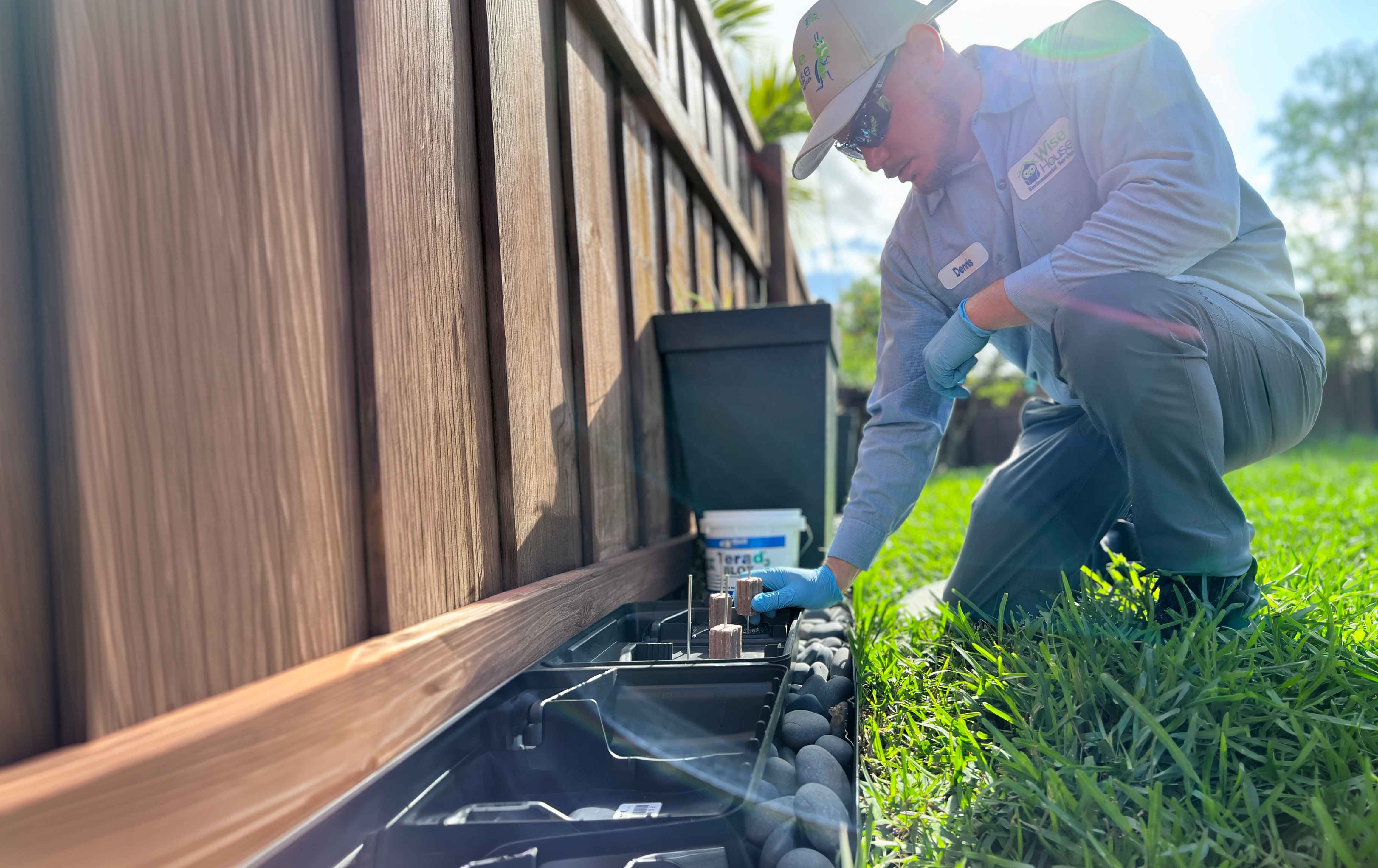 Dennis, owner of Wise House Pest Control, inspecting a rodent bait station along a Florida home exterior
