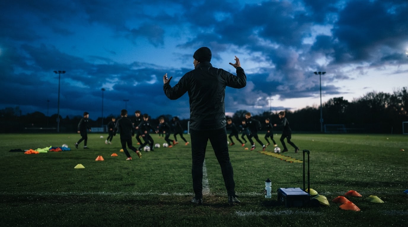 Coach silhouette on a pitch at dusk