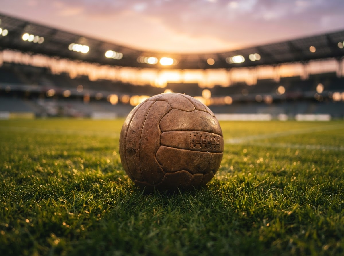 Soccer ball on grass at sunset