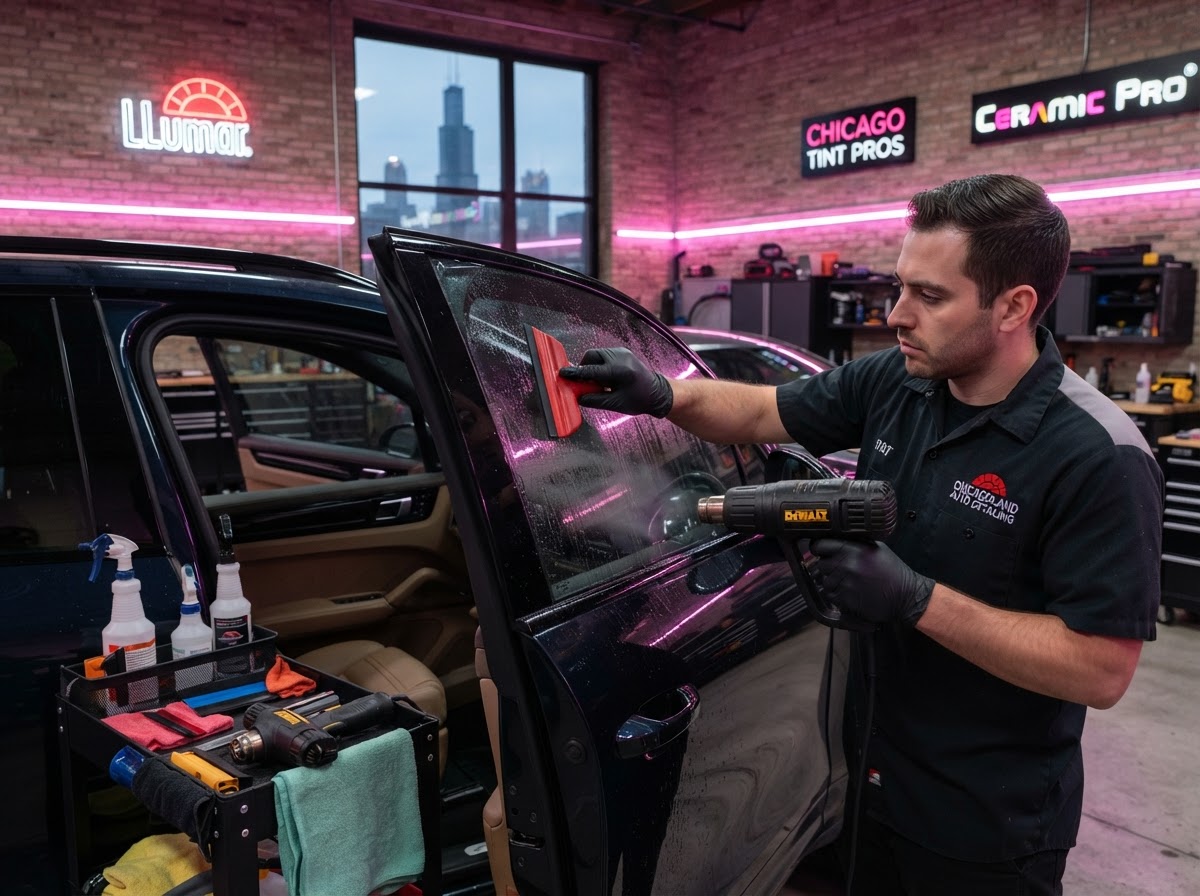 Window tint installation in progress at Diversey Window Tinting Chicago