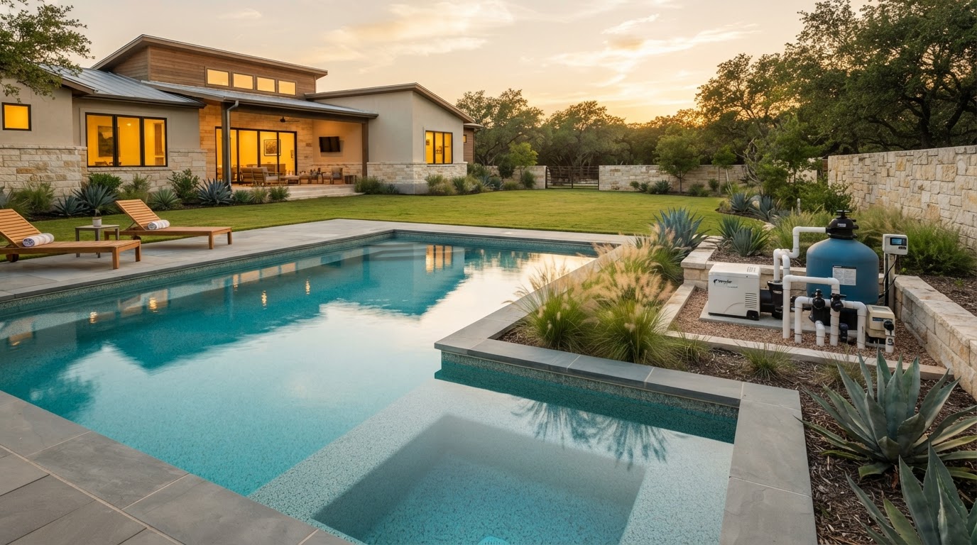 A clean, well-maintained residential backyard pool with equipment in New Braunfels, Texas