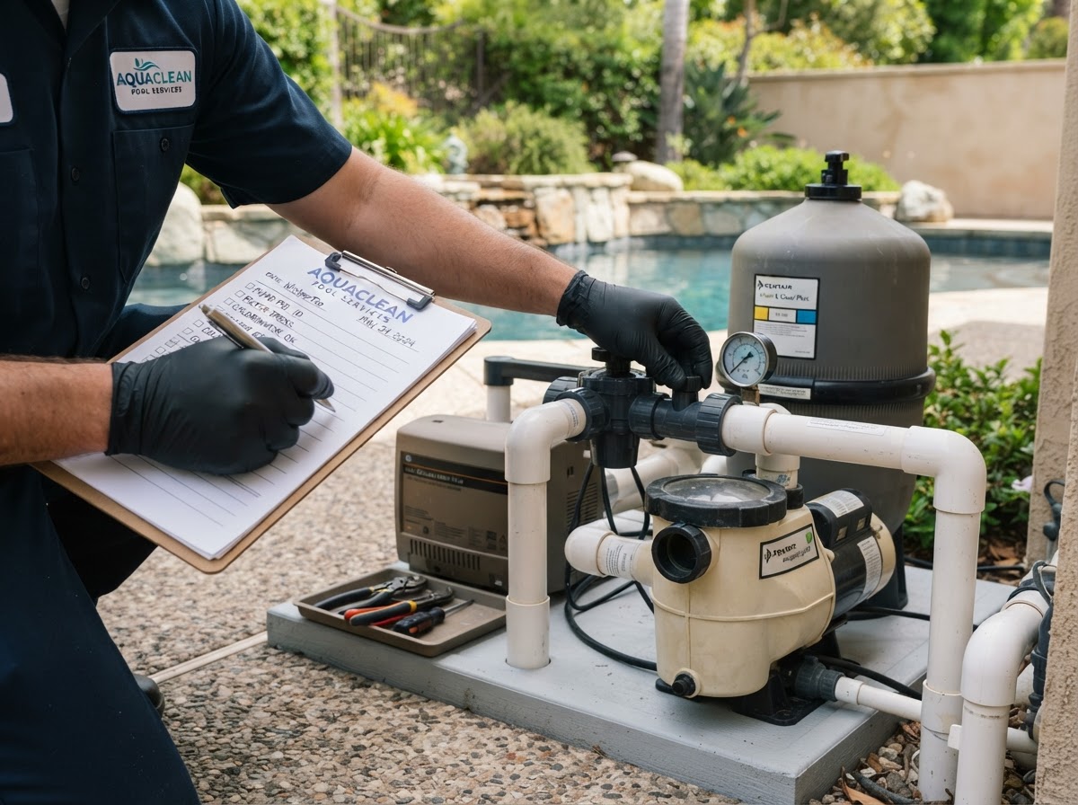 A professional inspecting clean residential pool pump and filter equipment
