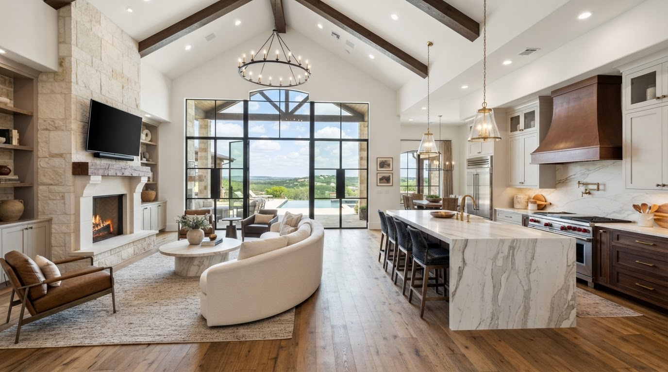 Bright luxury living room and kitchen in a Texas home