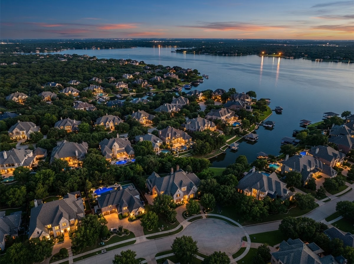 Flower Mound, Texas lakeside neighborhood at dusk
