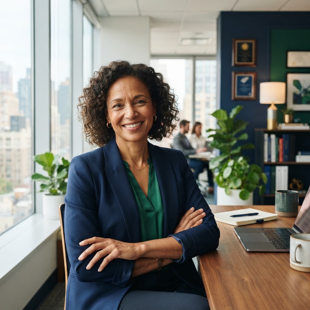 A confident business owner in a modern office, representing a Pratt & LeFevre client