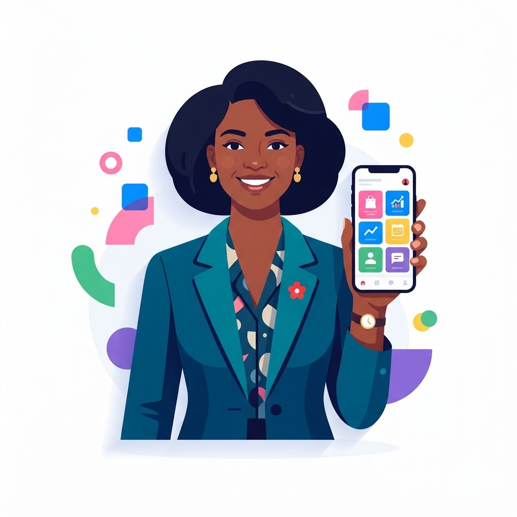 A confident small business owner holding a phone displaying a polished branded business app