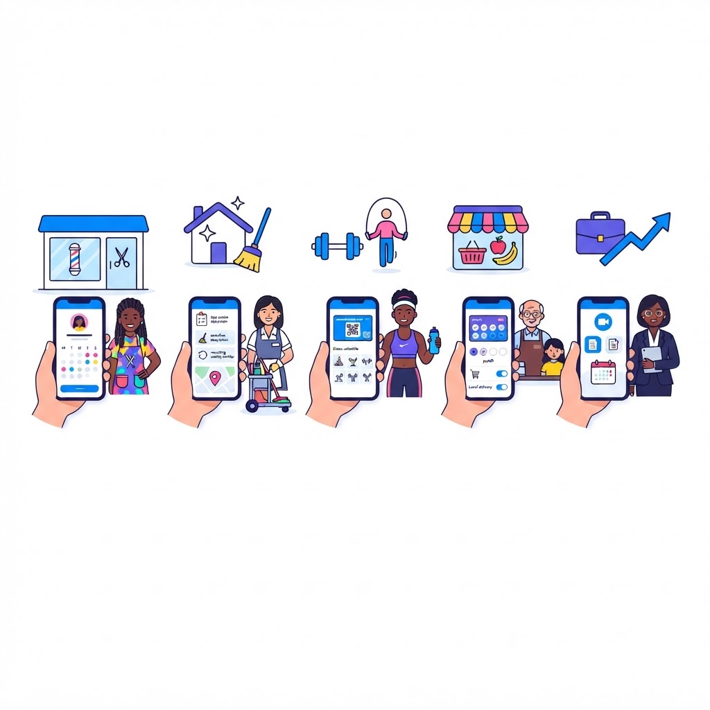Several different types of small businesses with different app functions, showing apps should be customized around the business