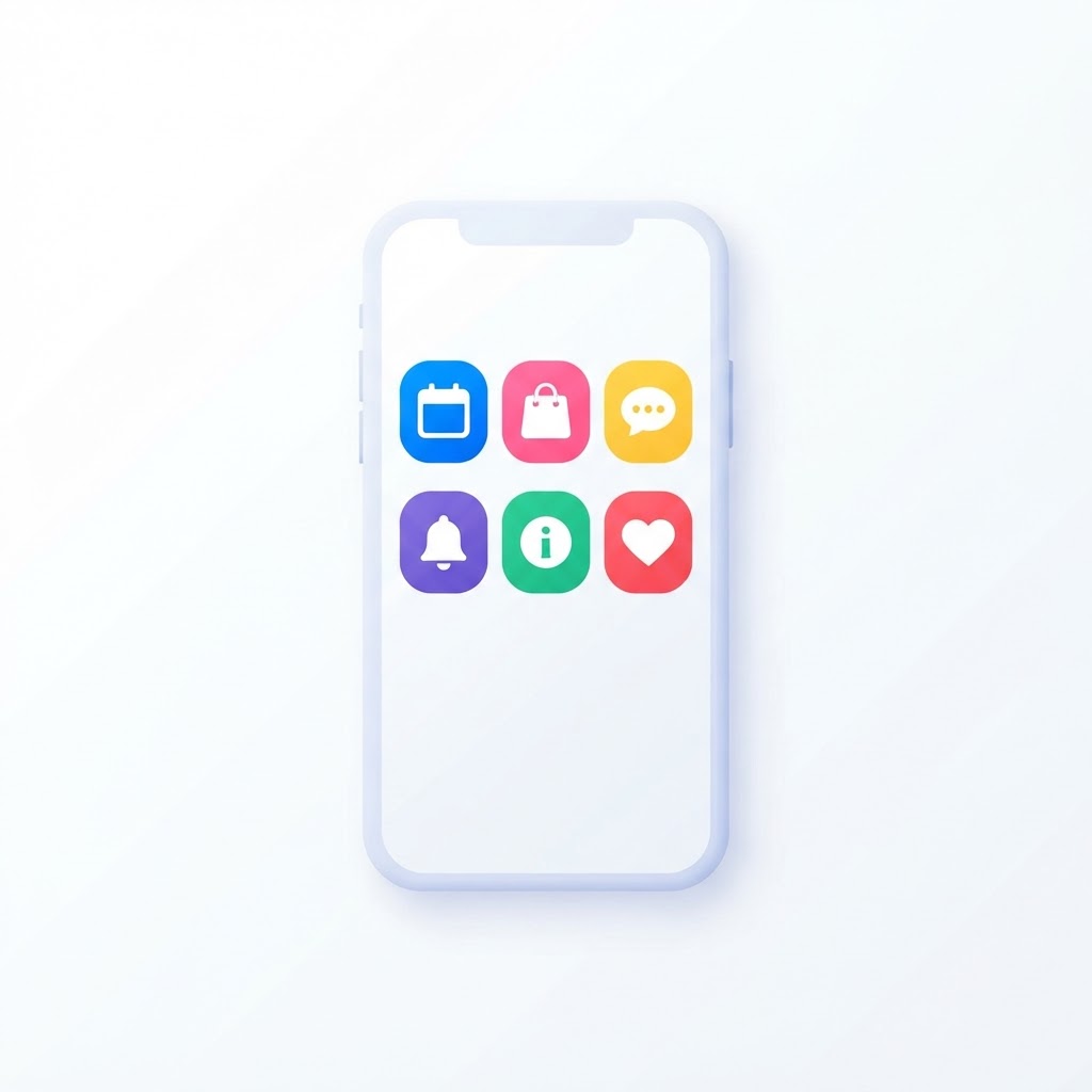 A clean smartphone app screen with easy-to-understand icons for booking, buying, messaging, updates, information and staying connected