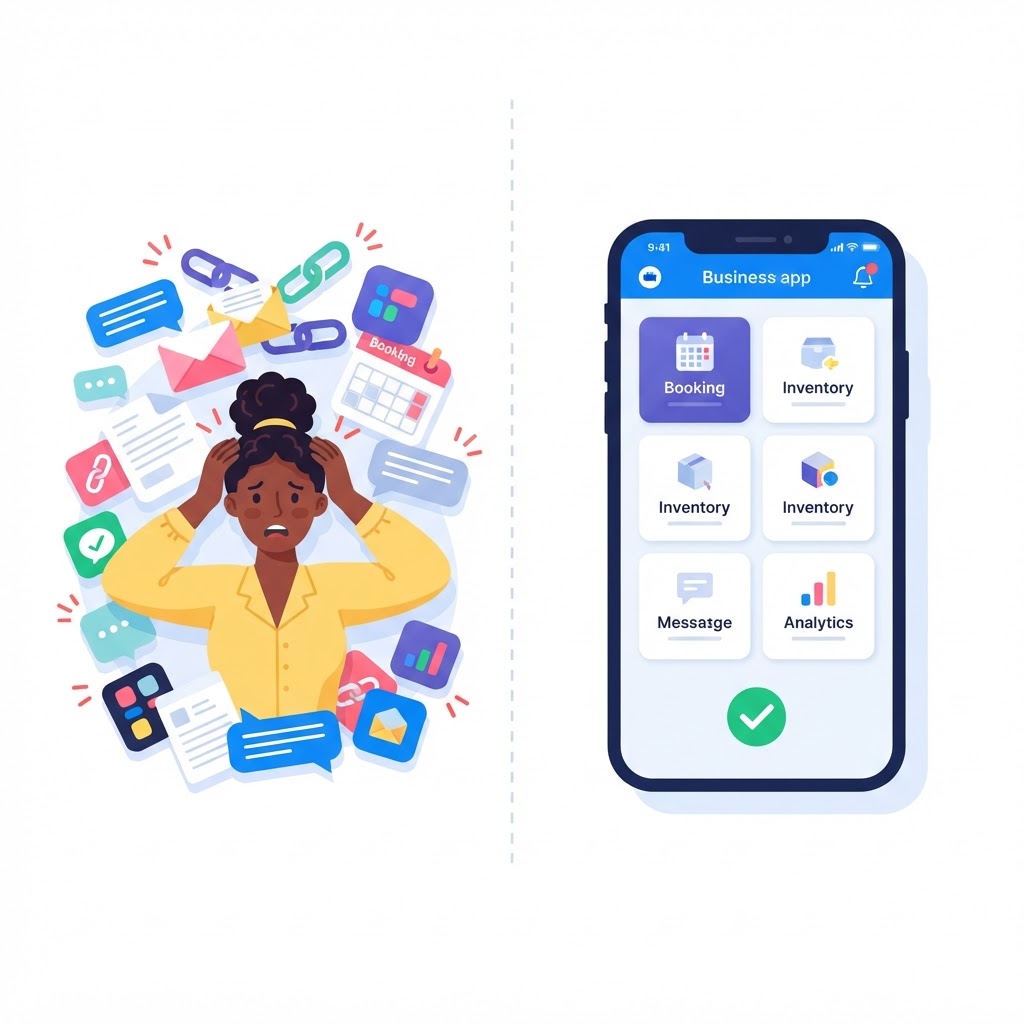 A business owner surrounded by scattered texts, links, forms, emails and apps on one side, and one clean business app bringing everything together on the other side