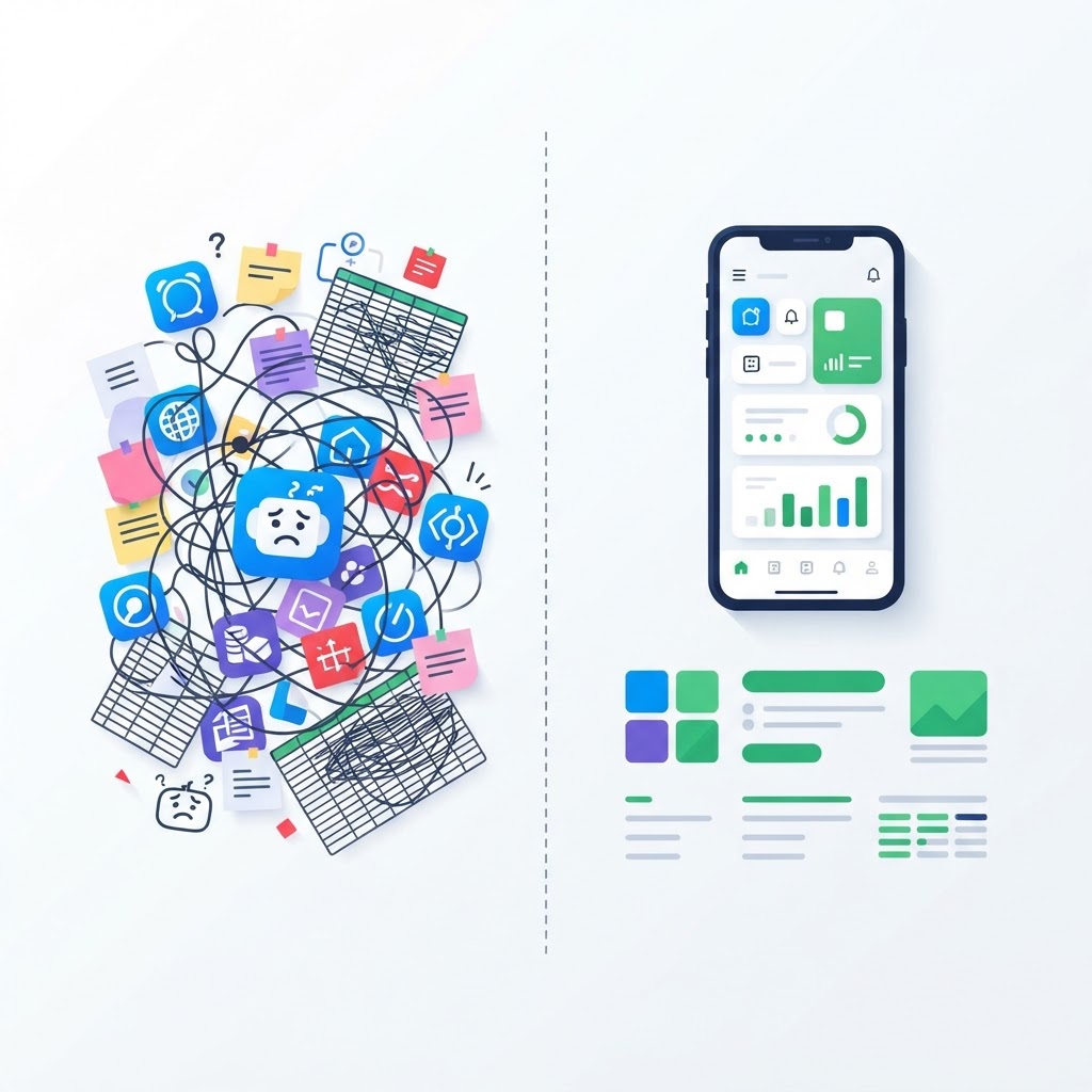 A before-and-after comparison: scattered confusing systems on one side, organized simple professional setup on the other