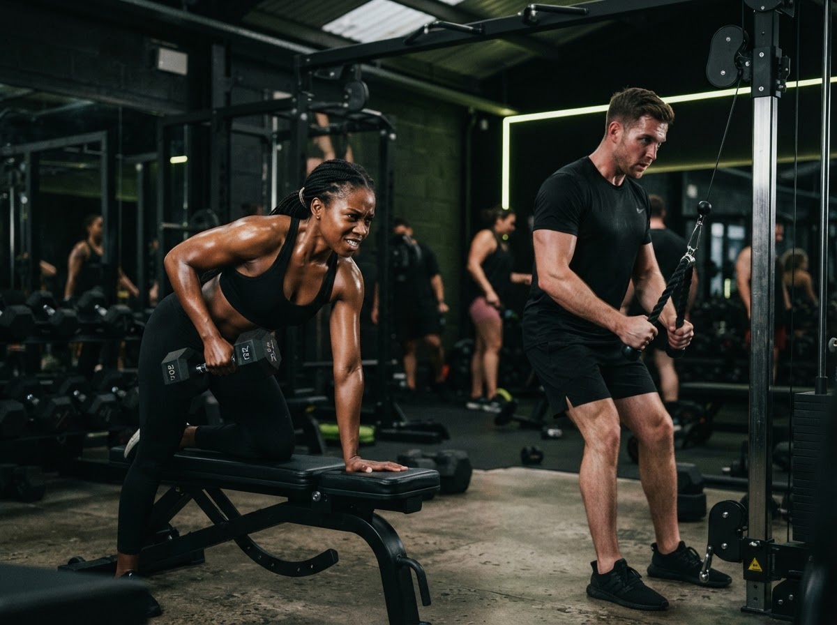 Adults training with strength equipment in a modern FitCore gym