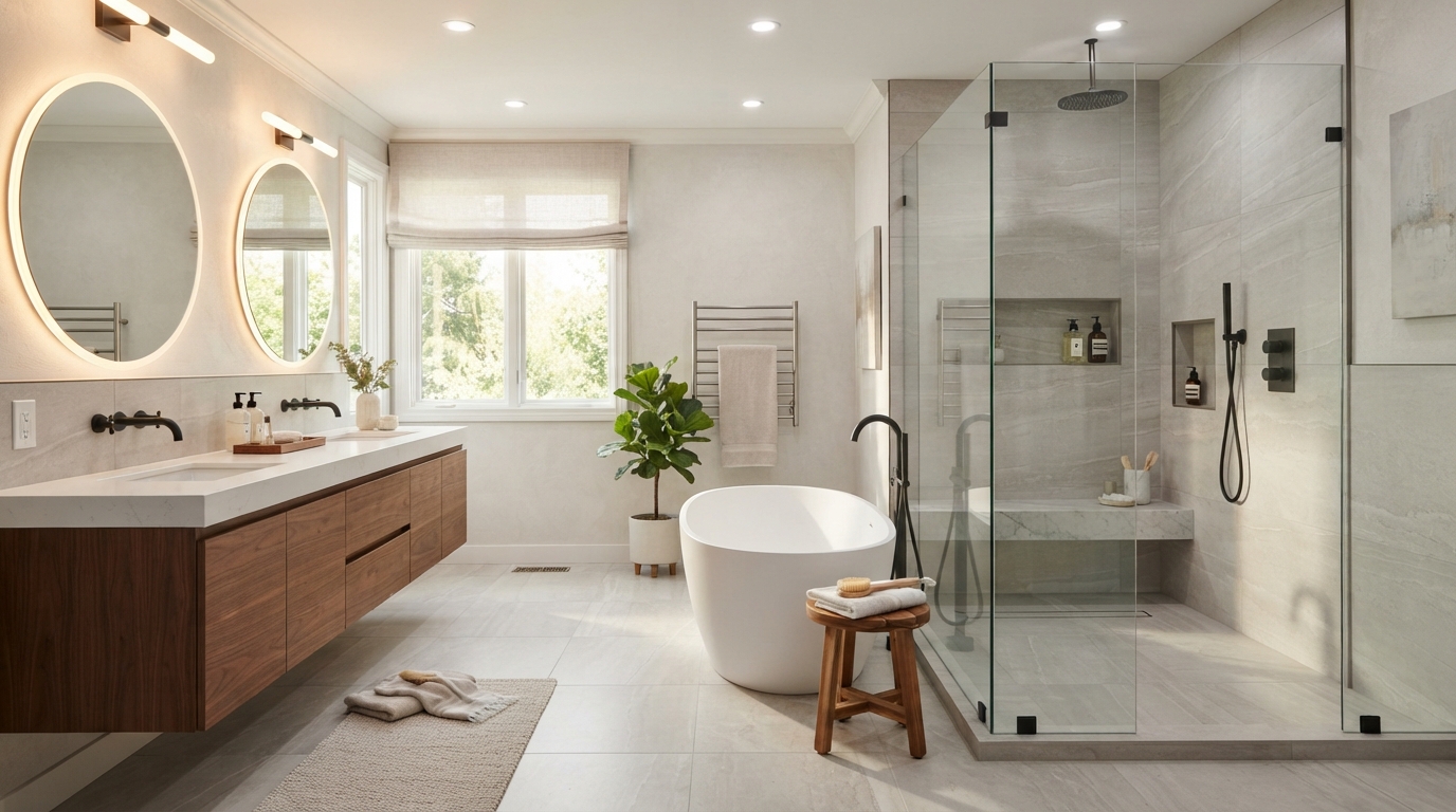 Spa Bathroom & Walk-In Shower — Porcelain Tile Installation by ALBED Tiling & Reno