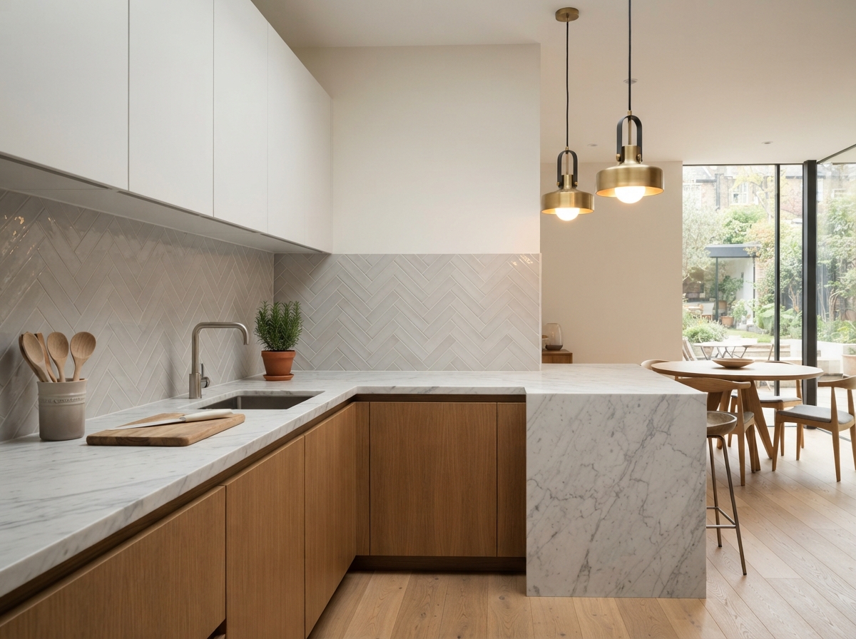 Herringbone Kitchen Backsplash — Ceramic Tile Installation by ALBED Tiling & Reno
