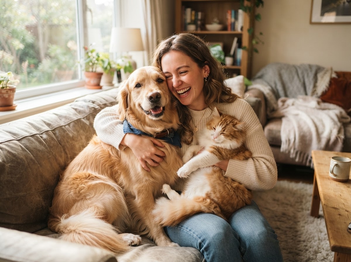 A pet sitter hugging a golden retriever and a cat together in a sunlit living room