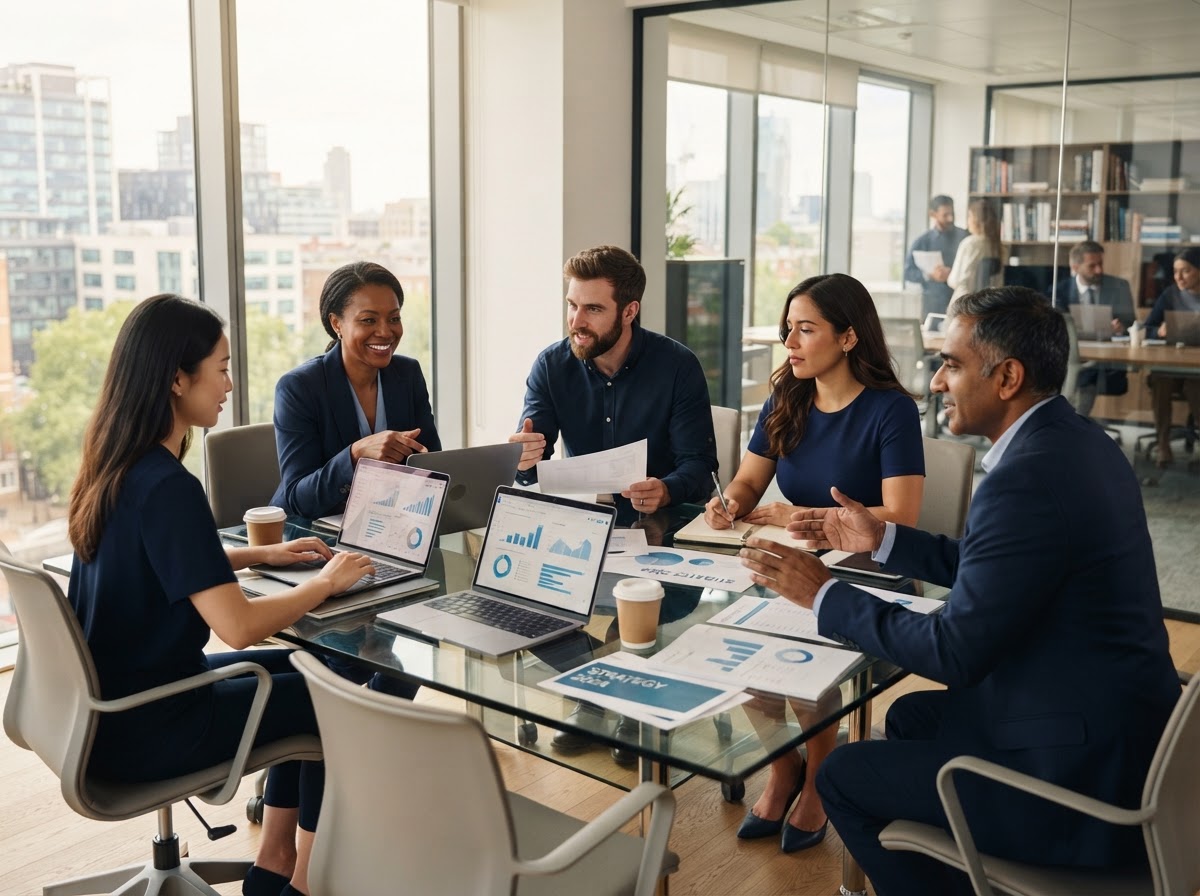 SOFT CODE, INC consulting team collaborating around a strategy table