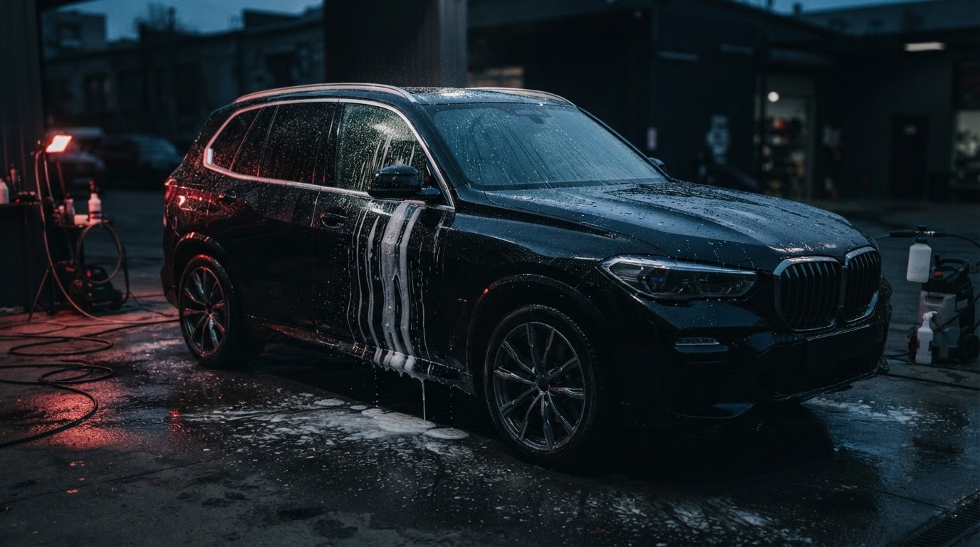 Moya's Auto Detailing van and a freshly detailed luxury vehicle