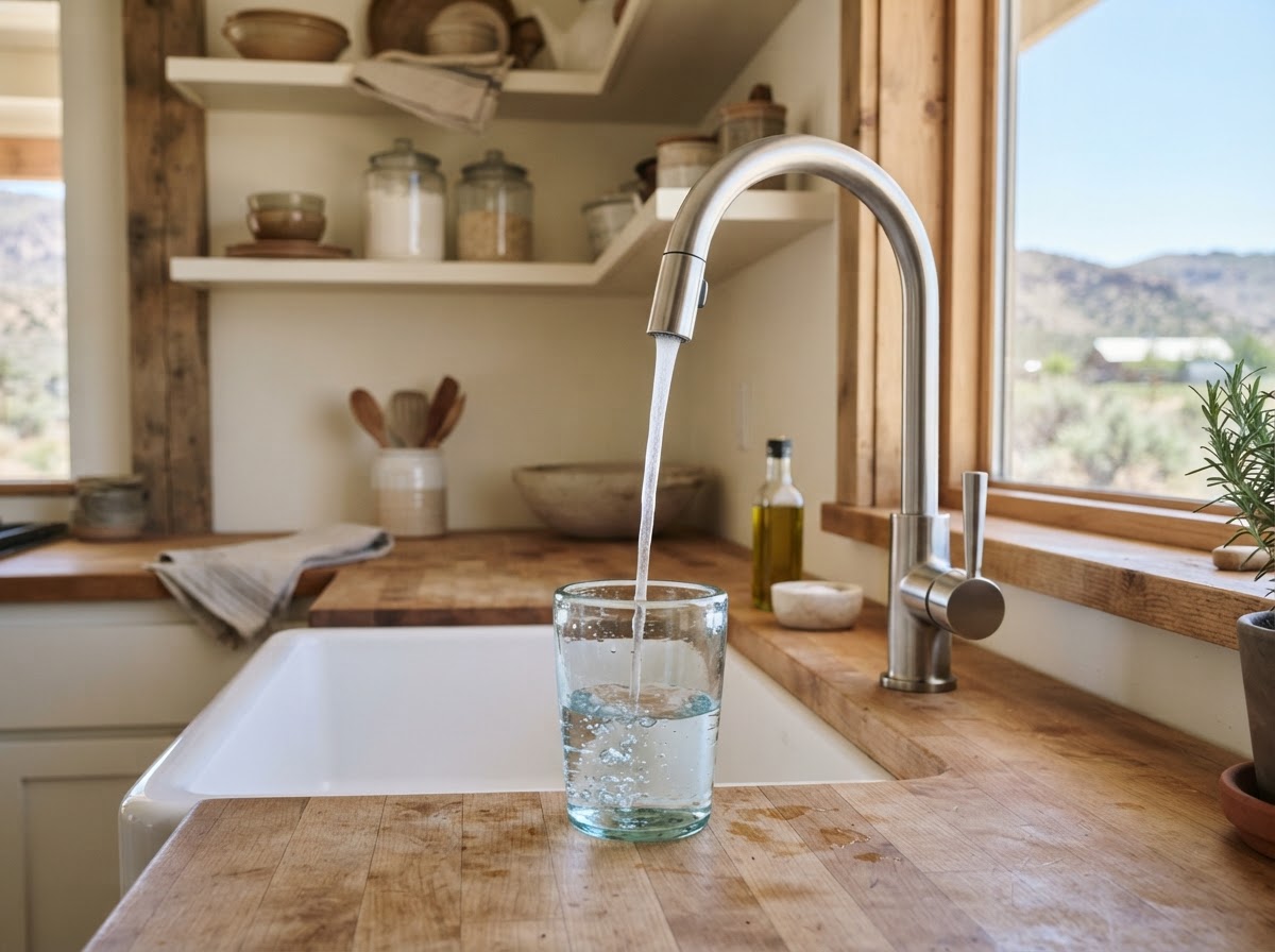Clear water flowing from a kitchen faucet into a glass in a Yerington, Nevada home