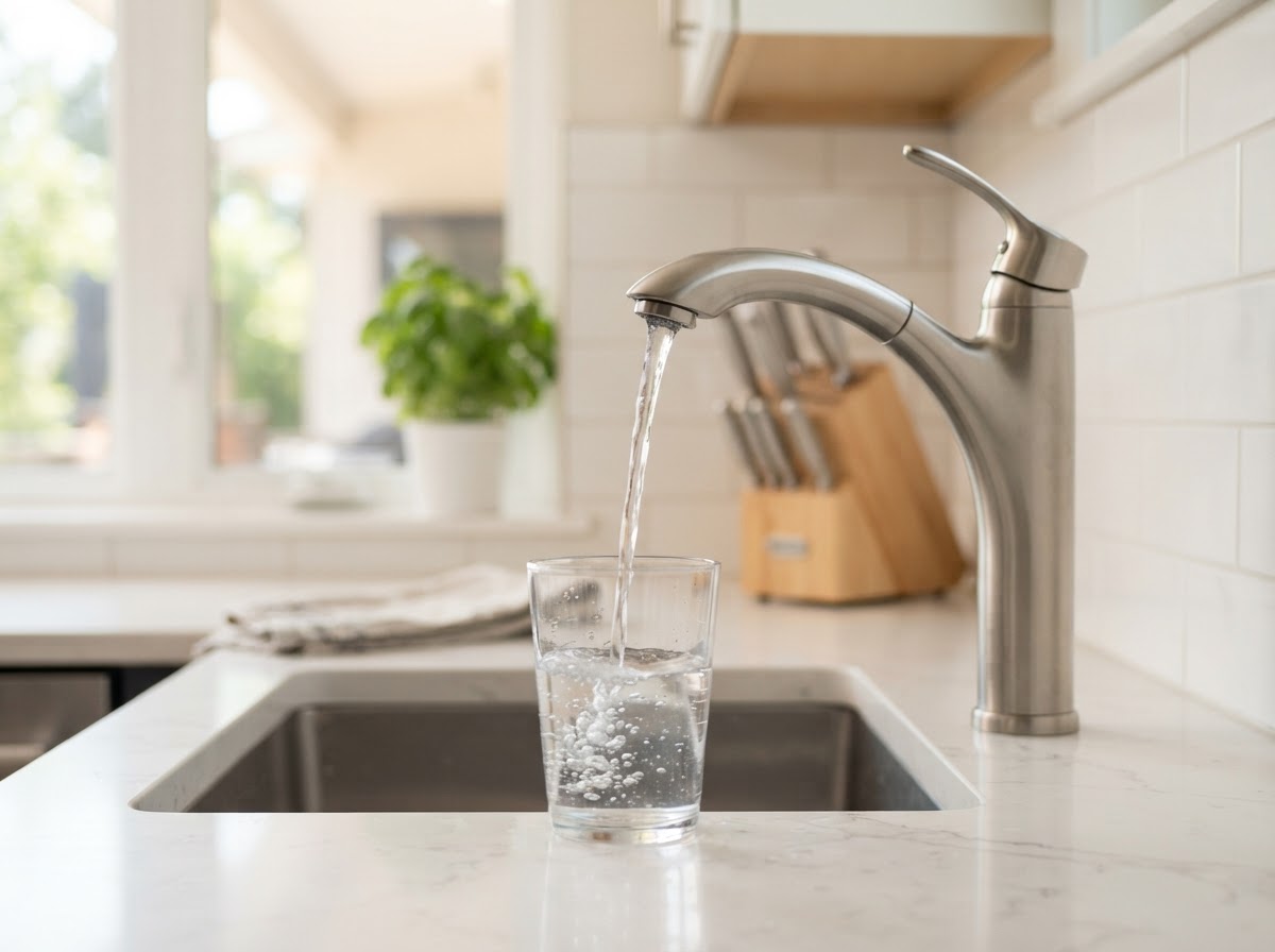 Clear water flowing from a kitchen faucet into a glass in a Fallon, Nevada home