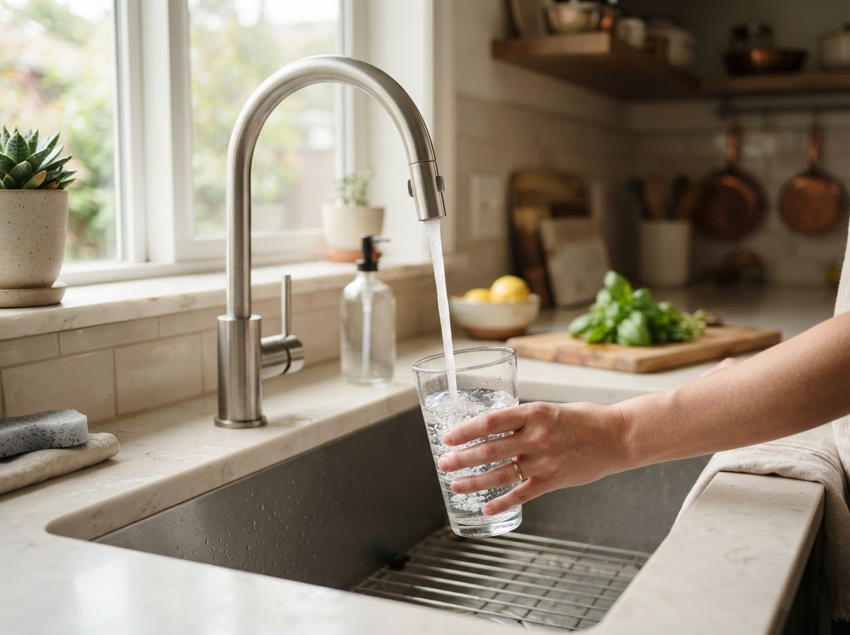 Clear water flowing from a kitchen faucet into a glass in a Dayton, Nevada home