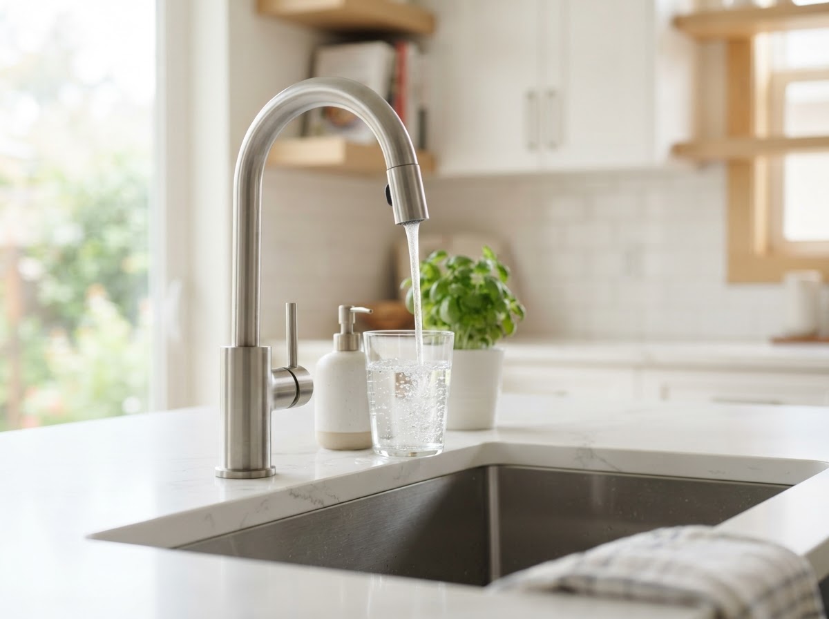 Clear water flowing from a kitchen faucet into a glass in a Carson City, Nevada home