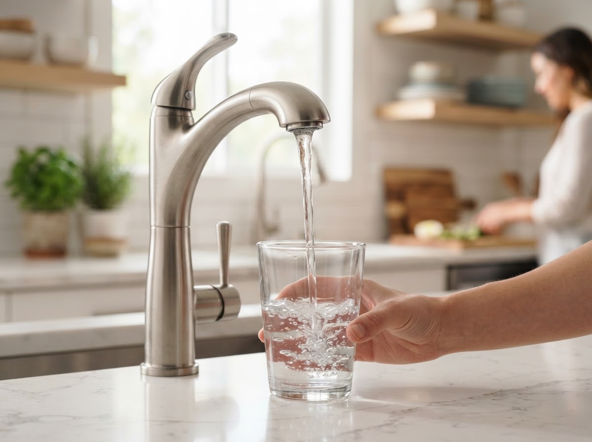 Clear water flowing from a kitchen faucet into a glass in a Fernley, Nevada home