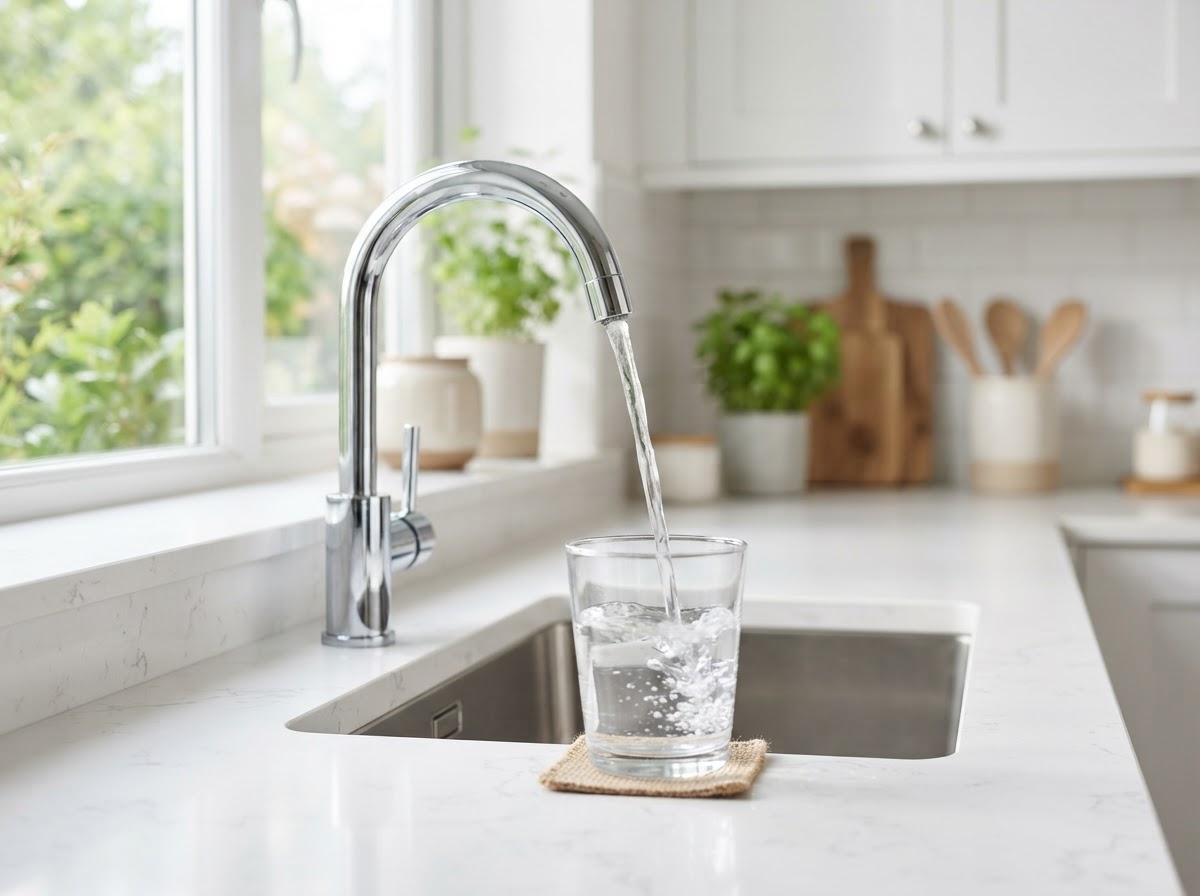 Clear water flowing from a kitchen faucet into a glass in a Sparks, Nevada home